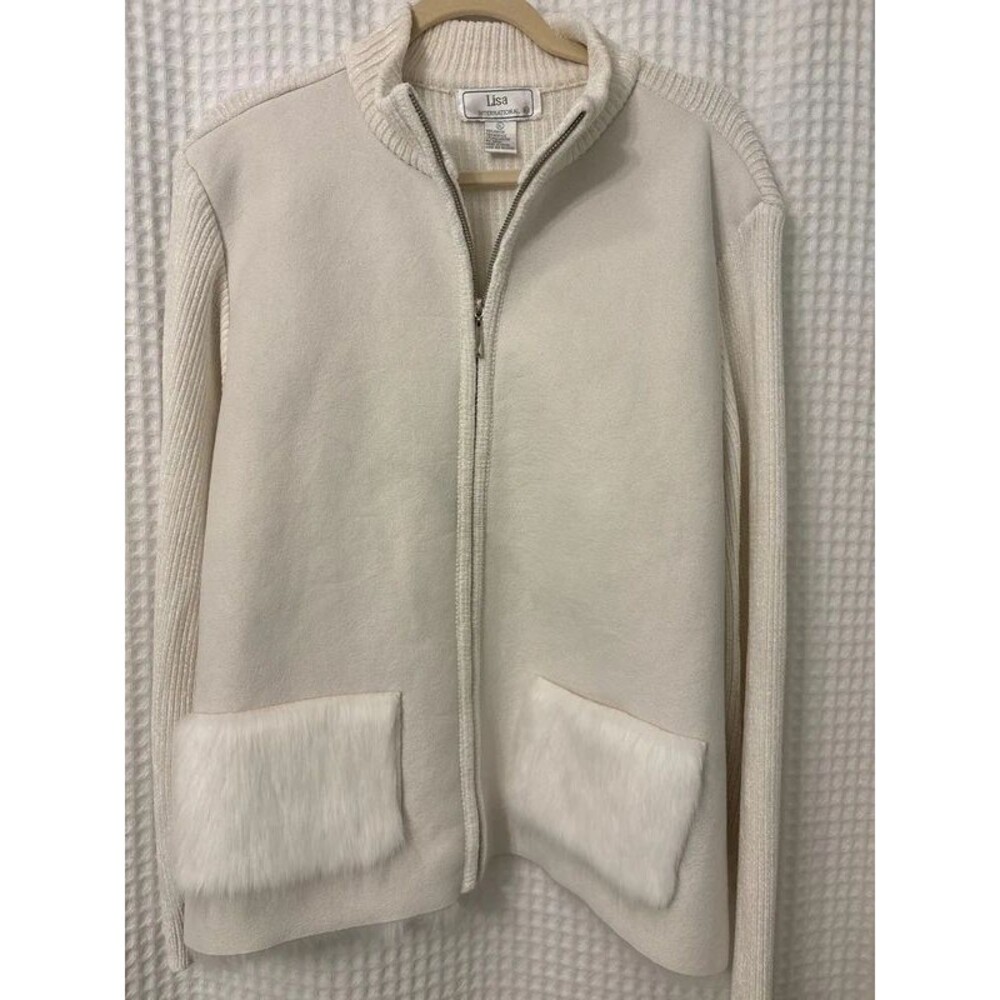 Lisa International Vintage Cream Zip Sweater Jacket Faux Fur Pockets Size XL